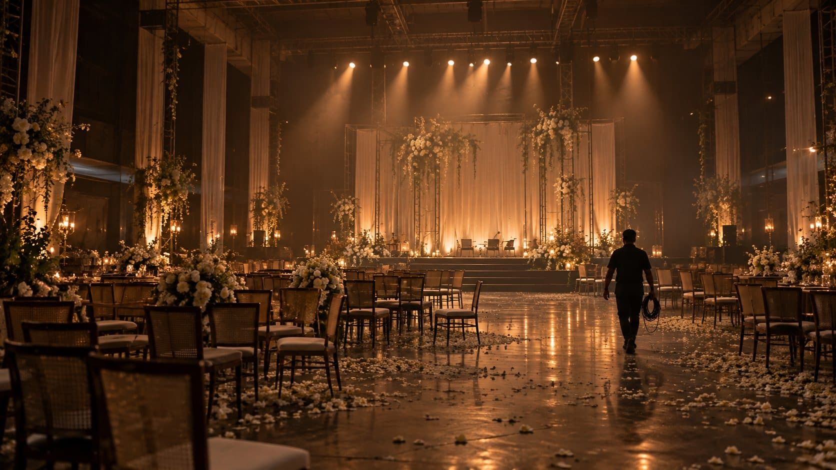 An event hall after the guests have gone: chairs pushed back, petals on the floor, stage lights still glowing, one crew member walking out with a coil of cable.