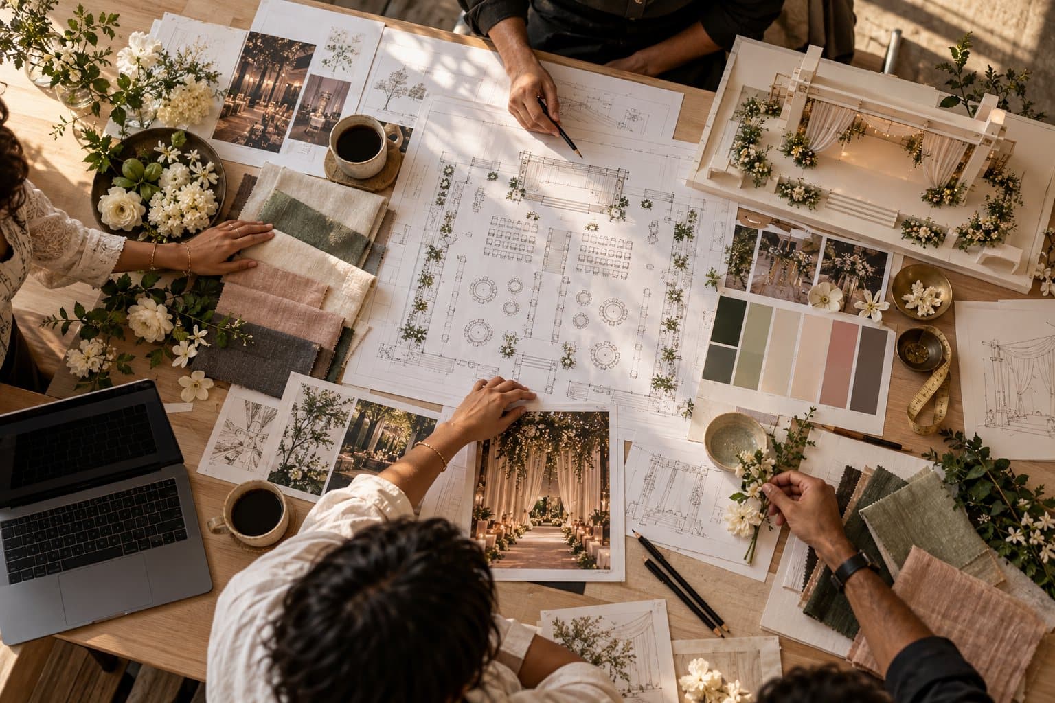 Overhead view of a planning table covered in floor plans, fabric swatches, flowers and a scale model of a stage.