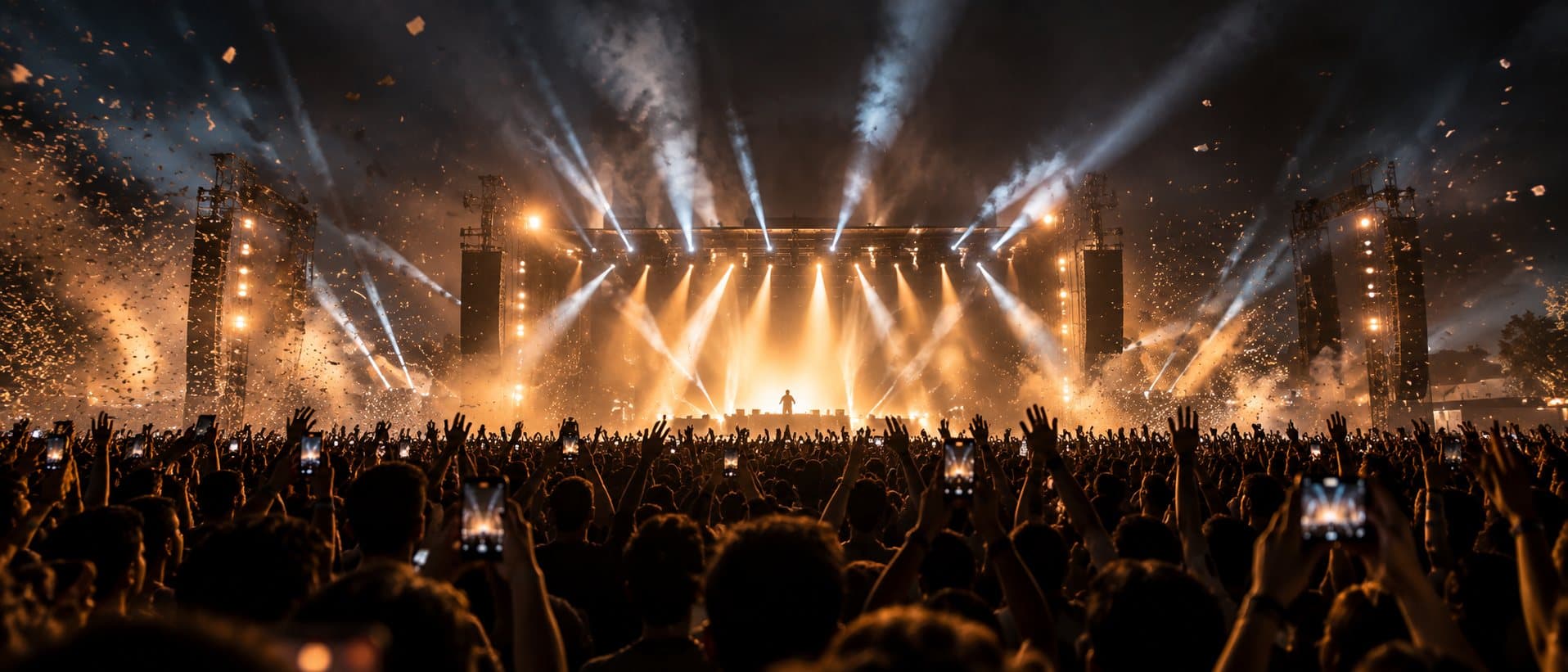 A vast outdoor concert crowd with raised hands and phones, facing a stage firing light beams through haze and confetti.