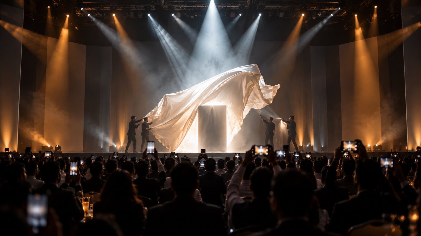 A product reveal on stage: crew pull away a large white silk cover under beams of light as the audience films on their phones.