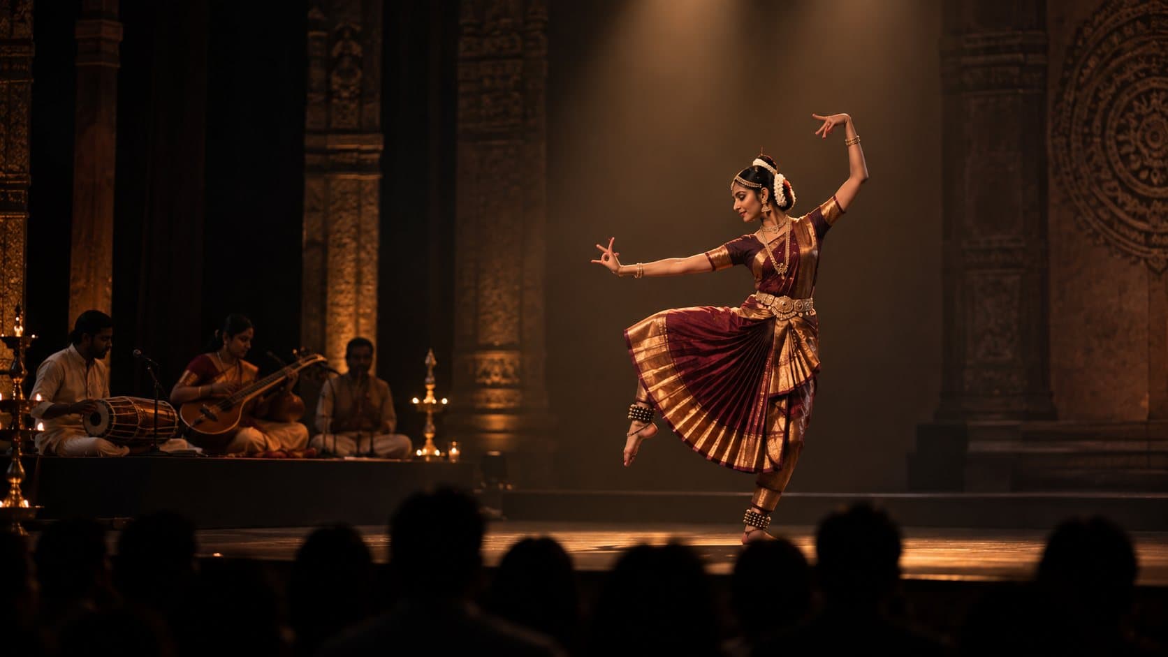 A classical dancer in a maroon silk costume mid-pose under a single spotlight, musicians with mridangam and veena at the side of the stage.