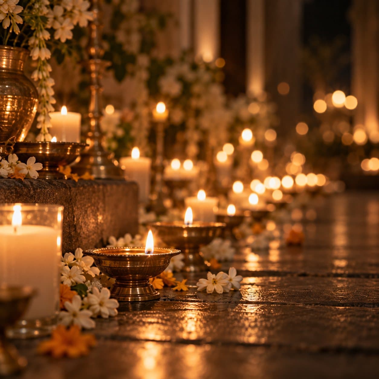 Brass diyas and candles glowing along a stone floor scattered with jasmine and marigold.