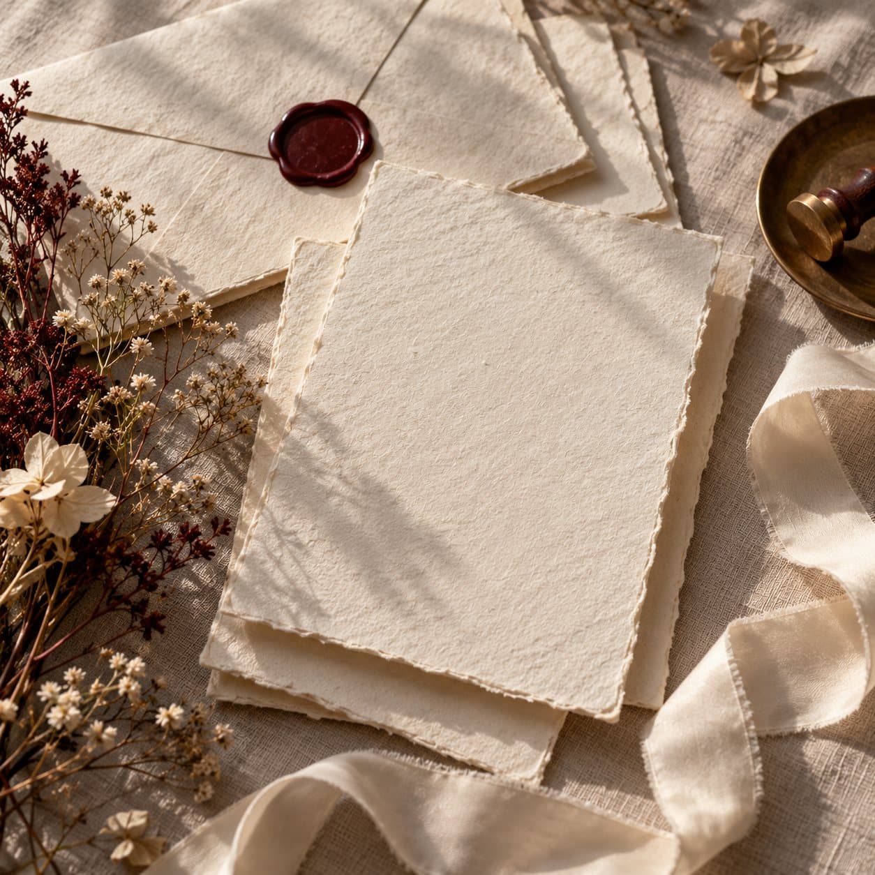 Blank handmade paper invitations with deckled edges, a burgundy wax seal, dried flowers and silk ribbon.