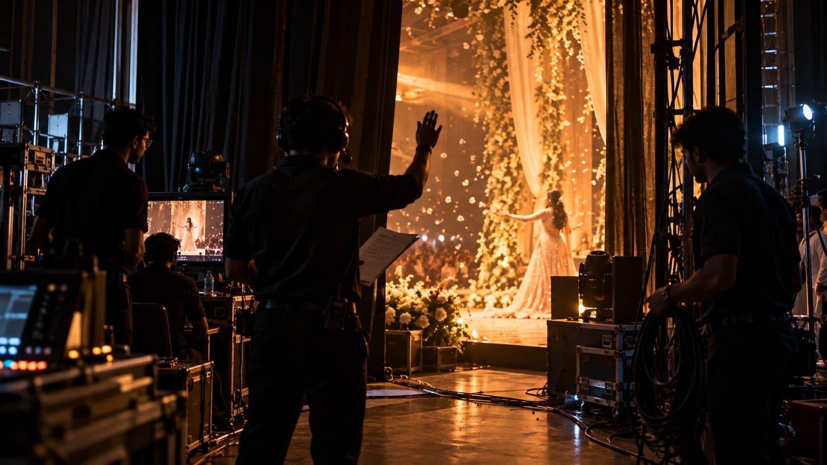 The same moment from the wings: a stage manager on headset cues with a raised hand holding a run sheet, crew with cables and monitors around him.