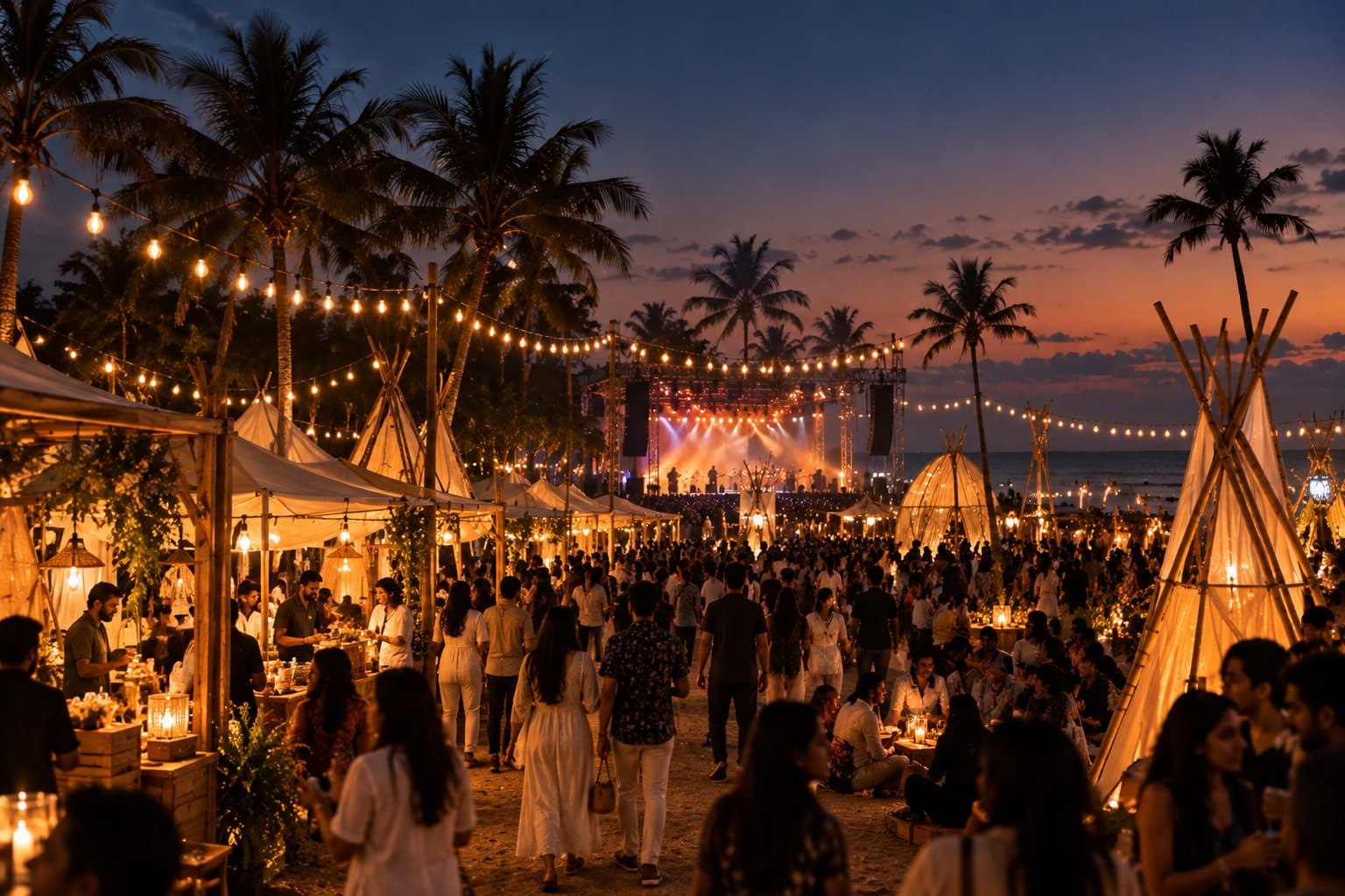 A coastal evening festival: crowds walking between lit bamboo stalls and palm trees toward a stage by the sea.
