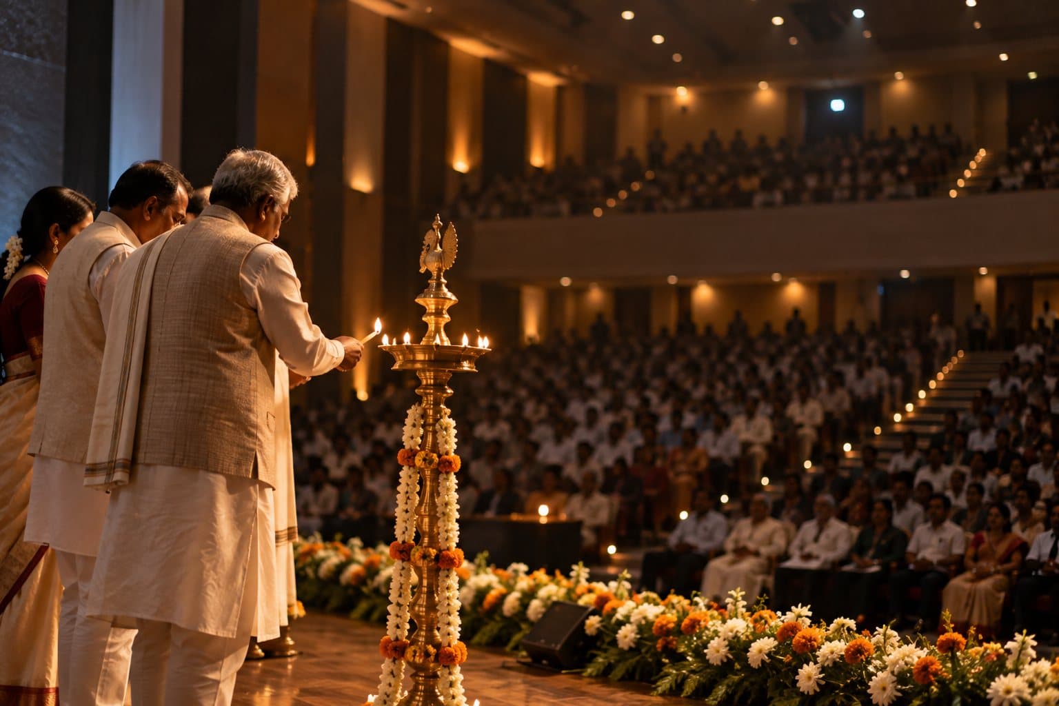 Dignitaries lighting a tall brass lamp garlanded with flowers at the front of a full auditorium.
