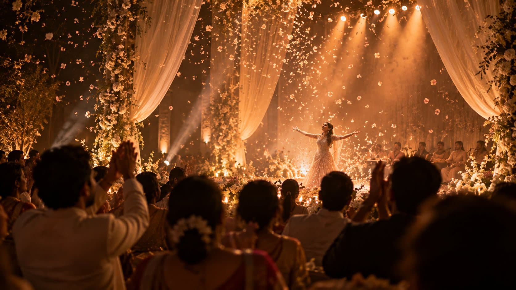 From the audience: a performer with arms open on a flower-draped stage as petals fall and guests applaud.