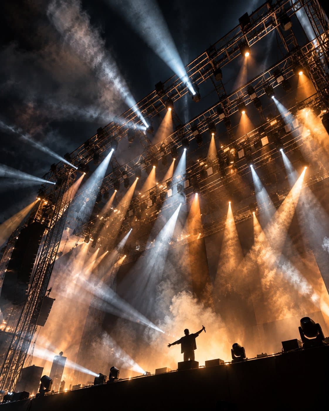 Looking up at a concert lighting rig, beams cutting through smoke above a lone performer with arms raised.