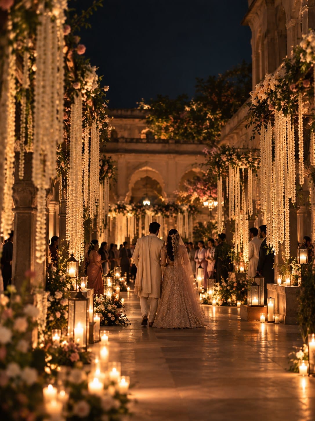 A couple walks through a candlelit heritage courtyard hung with strands of jasmine, guests gathered along the path.