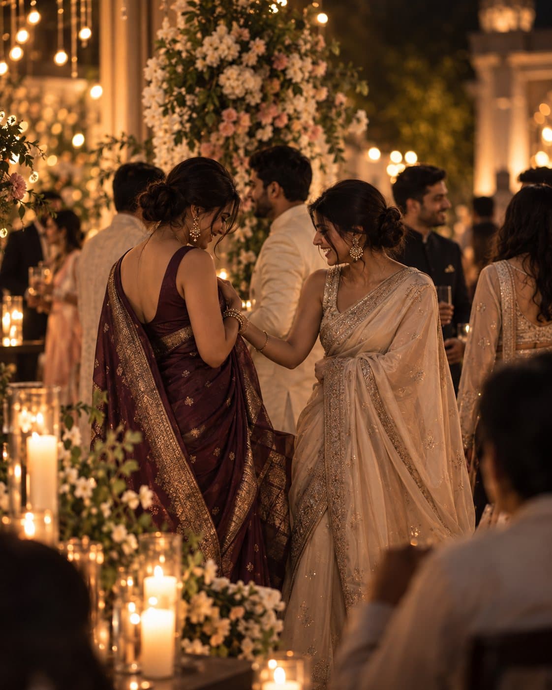 Two women in silk sarees, one plum and one ivory, laughing as one adjusts the other's pallu beside a floral installation.